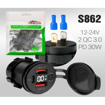 Разъем USB в авто (врезные) 12V-24V AC04  PD30W + 2 QC3.0 + Display  10pcs