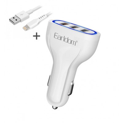 Блок питание USB (авто) Earldom ES-CC13I 3100mAh с кабелем для iPhone, 3USB выхода, белый