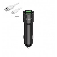 Блок питание USB (авто) Earldom ES-CC20 с кабелем для Type C, удлиненный корпус, 2USB выхода, черный