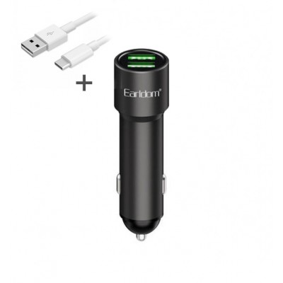 Блок питание USB (авто) Earldom ES-CC20 с кабелем для Type C, удлиненный корпус, 2USB выхода, черный