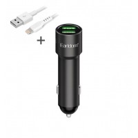 Блок питание USB (авто) Earldom ES-CC20 с кабелем для iPhone, удлиненный корпус, 2USB выхода, черный