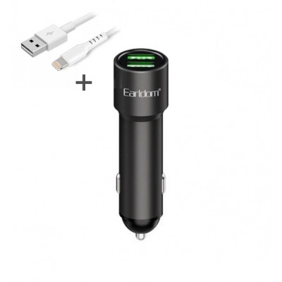 Блок питание USB (авто) Earldom ES-CC20 с кабелем для iPhone, удлиненный корпус, 2USB выхода, черный