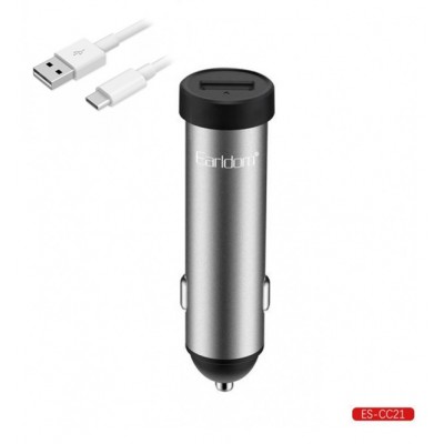 Блок питание USB (авто) Earldom ES-CC21 с кабелем для Type C, удлиненный корпус, USB выход, серебро