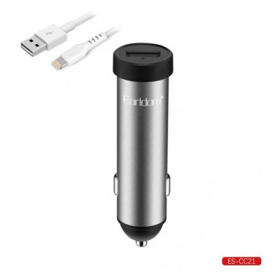 Блок питание USB (авто) Earldom ES-CC21 с кабелем для iPhone, удлиненный корпус, USB выход, серебро