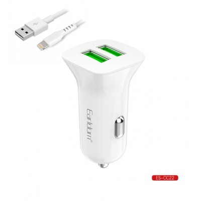 Блок питание USB (авто) Earldom ES-CC22 с кабелем для iPhone, 2USB выхода, белый
