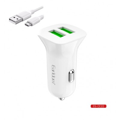 Блок питание USB (авто) Earldom ES-CC22 с кабелем для micro, 2USB выхода, белый