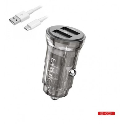 Блок питание USB (авто) Earldom ES-CC24C 3.4A с кабелем для Type C, 2USB выхода, прозрачный корпус
