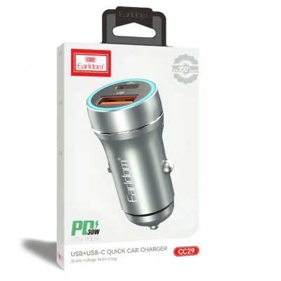 Блок питание USB (авто) Earldom ES-CC29 (30W), (USB выход + USB- C), серебро