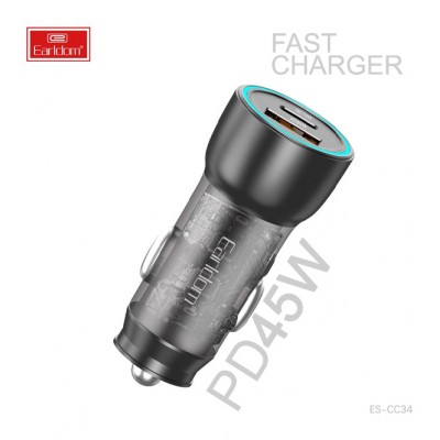 Блок питание USB (авто) Earldom ES-CC34 (43W) , (1USB выход + USB- C), черный
