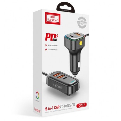 Блок питание USB (авто) Earldom ES-CC37 (30W), 5в1, (3USB выхода + 2USB- C)  с удленителем на 1,5м,черный