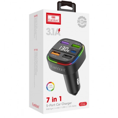 Блок питание USB (авто) Earldom ES-CC42 (3.1A), (4USB выхода + USB- C), черный
