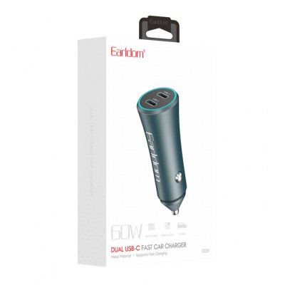 Блок питание USB (авто) Earldom ES-CC51 (60W) , (2USB- C), серебро