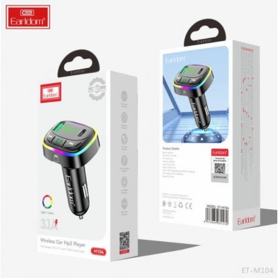 ФМ модулятор (2USB выхода + USB-C, Bluetooth) Earldom ET-M104,3.1A, с подсветкой