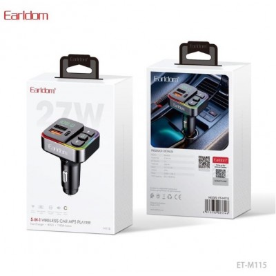 ФМ модулятор (2USB выхода + USB-C, Bluetooth) Earldom ET-M115 (27W) с подсветкой