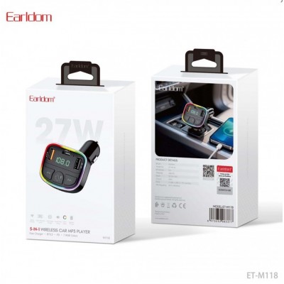 ФМ модулятор (2USB выхода + USB-C, Bluetooth) Earldom ET-M118 (27W) с подсветкой
