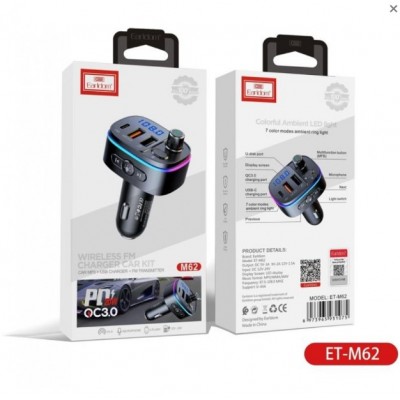 ФМ модулятор (2USB выхода + USB-C, Bluetooth) Earldom ET-M62 (20W) с подсветкой