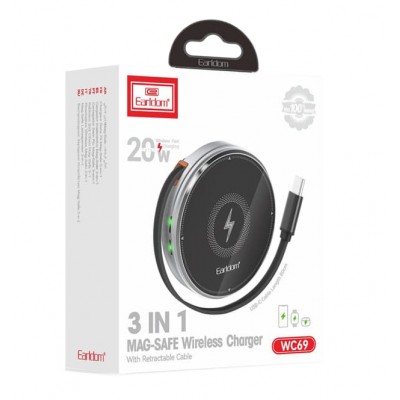Беспроводное зарядное устройство 3в1 Earldom ET-WC69 для смартфонов/Apple Watch/Airpods,20W,шнур с автосмоткой разьем C-C