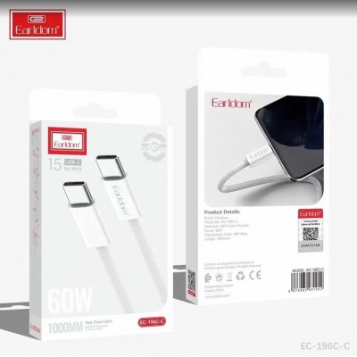 USB кабель Earldom EC-196 C-C Type C - Type C, 60W,нейлон,(длина 1 метр) белый