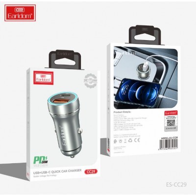 Блок питание USB (авто) Earldom ES-CC29 (30W), (USB выход + USB- C), серебро