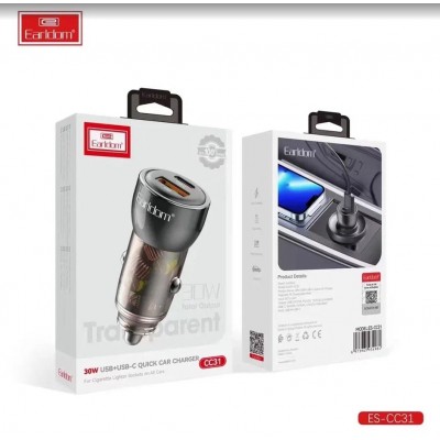 Блок питание USB (авто) Earldom ES-CC31 (30W) , (1USB выход + USB- C), черный