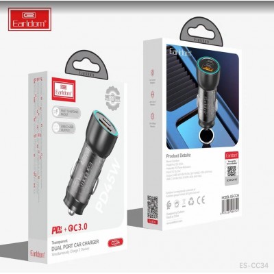 Блок питание USB (авто) Earldom ES-CC34 (43W) , (1USB выход + USB- C), черный