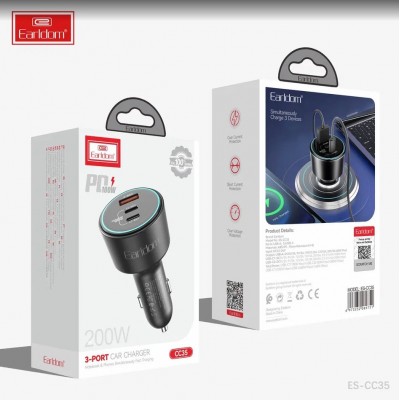 Блок питание USB (авто) Earldom ES-CC35 (200W) , (1USB выход + 2USB- C), черный