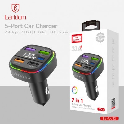 Блок питание USB (авто) Earldom ES-CC42 (3.1A), (4USB выхода + USB- C), черный