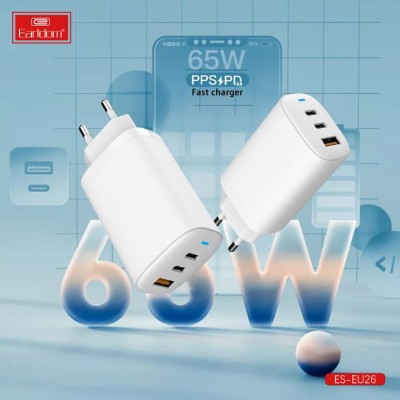 Блок питание USB (сеть) Earldom ES-EU26 65W , 1USB выход/ 2 Type C выхода, белый