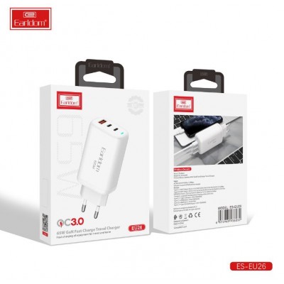 Блок питание USB (сеть) Earldom ES-EU26 65W , 1USB выход/ 2 Type C выхода, белый