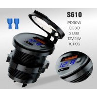 Разъем Usb в авто (врезные) 12V-24V 2USB CR1035 (Круглый) QC3.0 + PD30W + Вольтметр  10pcs