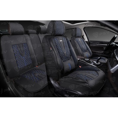 Накидки 5D PSV Olimp Len (Черный/Отстрочка Синяя), комплект на весь салон, лен