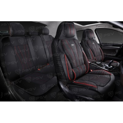 Накидки 5D PSV Vektor Alcantara Sport (Черный/Отстрочка Красная), комплект на весь салон, алькантара