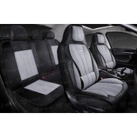 Накидки 5D PSV Vektor Alcantara Sport (Черно-Серый/Отстрочка Белая), комплект на весь салон, алькантара