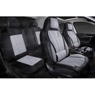 Накидки 5D PSV Vektor Alcantara Sport (Черно-Серый/Отстрочка Белая), комплект на весь салон, алькантара
