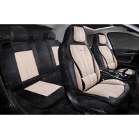 Накидки 5D PSV Vektor Alcantara Sport (Черно-Бежевый/Отстрочка Белая), комплект на весь салон, алькантара