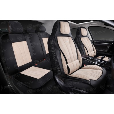 Накидки 5D PSV Vektor Alcantara Sport (Черно-Бежевый/Отстрочка Белая), комплект на весь салон, алькантара
