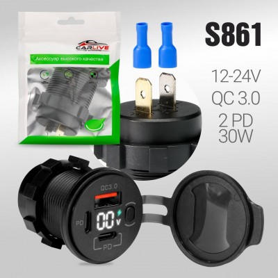 Разъем USB в авто (врезные) 12V-24V AC03  QC3.0 + 2 PD30W + Display  10pcs